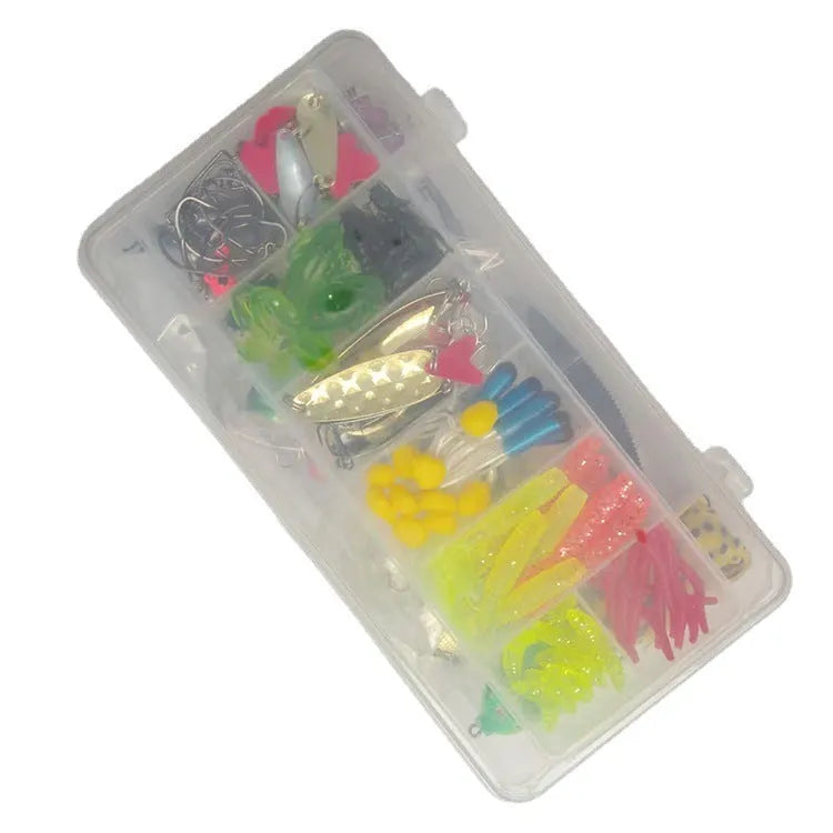 142-piece fishing lure kit containing hard minnow lures, soft plastic sequins, fishhooks, and metal pliers on a blue background.