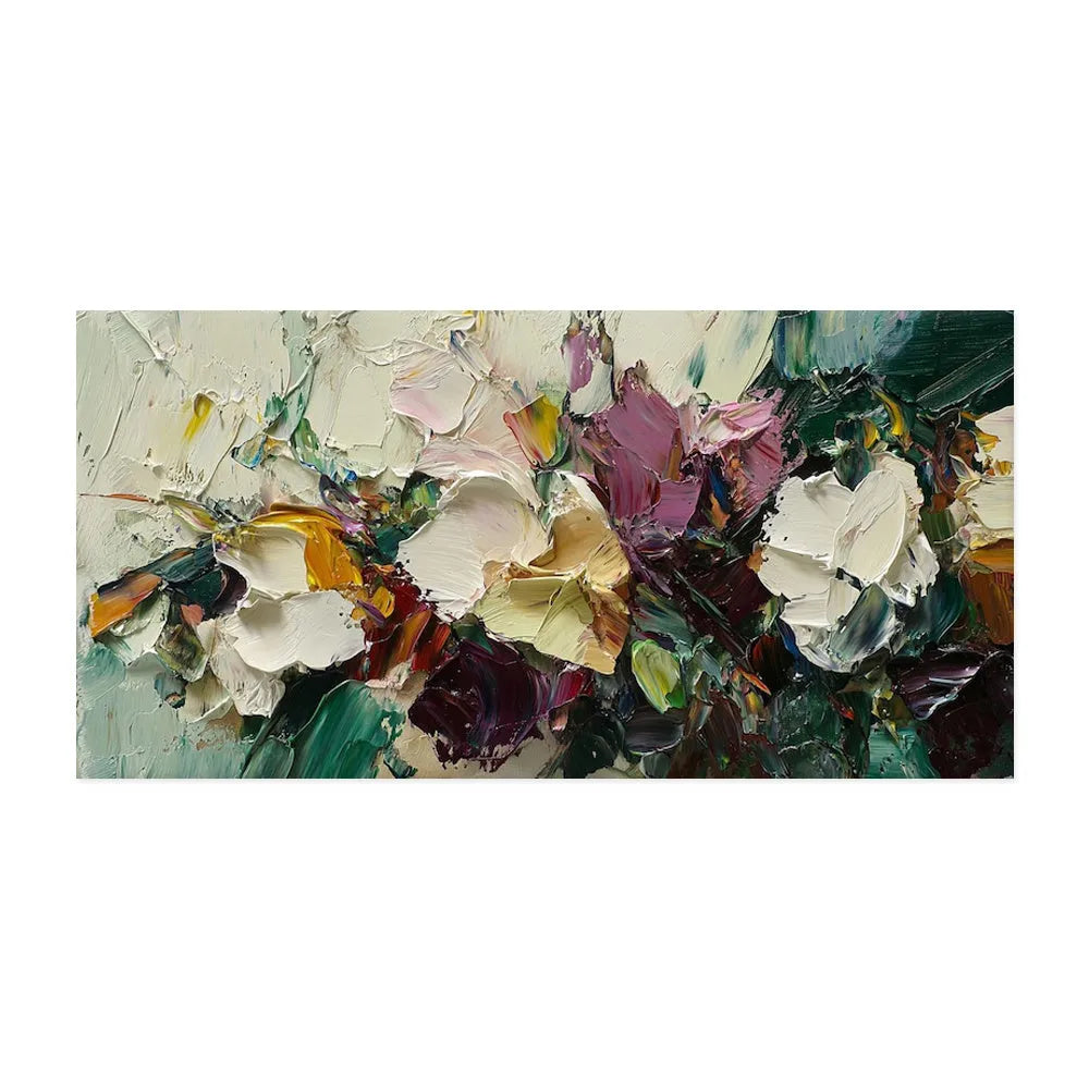 Hand-painted flower oil painting on canvas with knife-thick texture, rolled and frameless, horizontal modern wall art