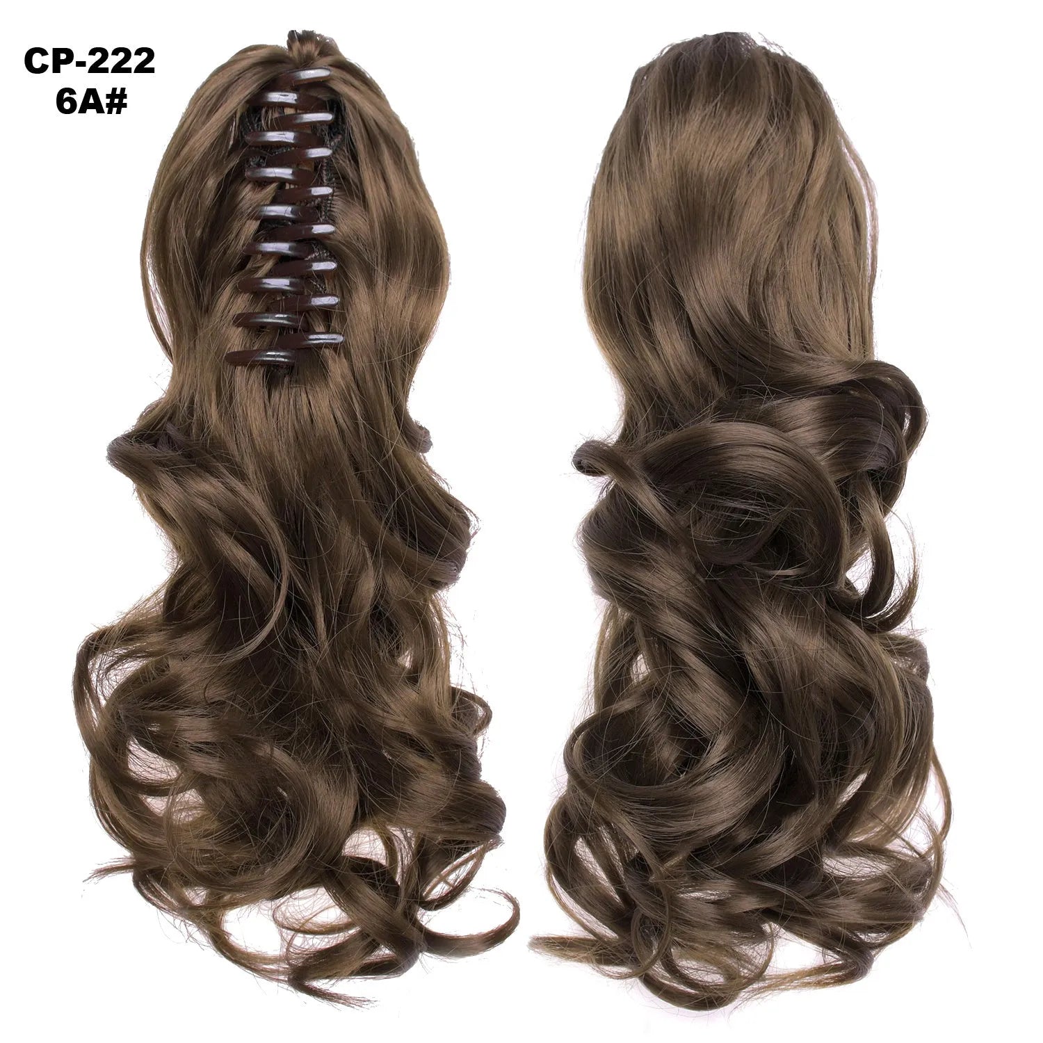 Long wave ponytail wrap-around clip in gray synthetic hairpiece with natural wave texture