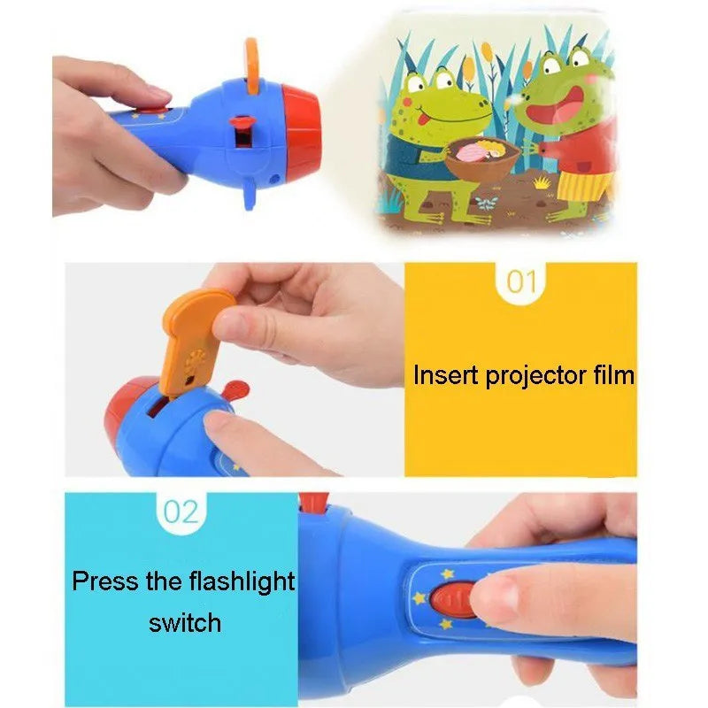 SmartKids handheld story projector torch with clip-on discs projecting fairy tale images on a wall.