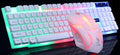 GTX300 black and white wired gaming keyboard and mouse set with coloured backlighting on a desk.