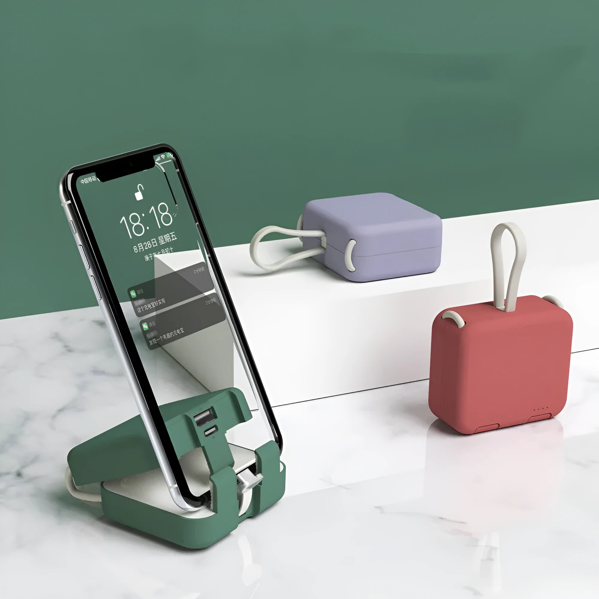 Handbag back clip power bank with flip-out phone stand, shown in blue, green, red, and white colour options.