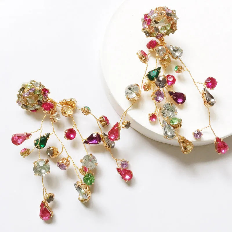Colourful rhinestone flower stud earrings with retro and Thai silver style