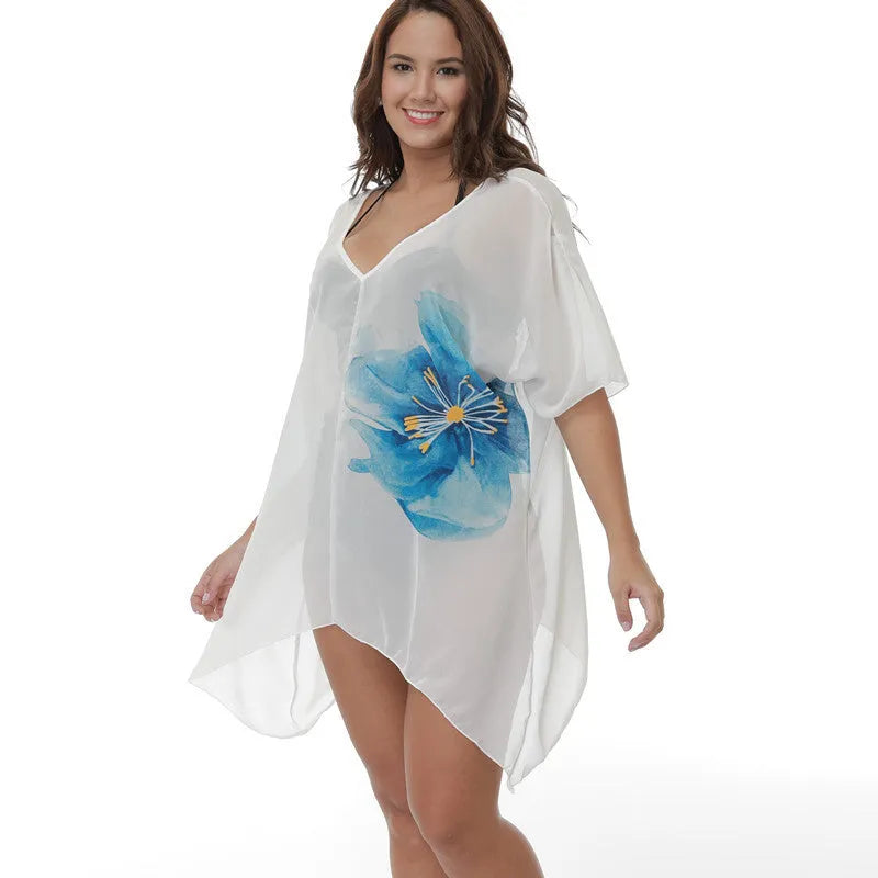 White plus size beach cover-up blouse for swimming and wading sun protection