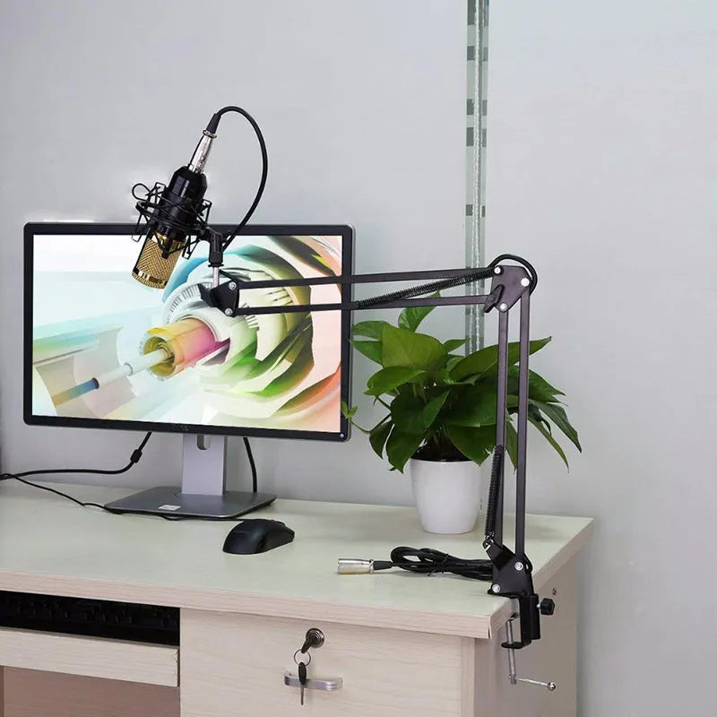 BM-800 condenser microphone on a desktop stand, shown in various colour options including black, silver, and white.