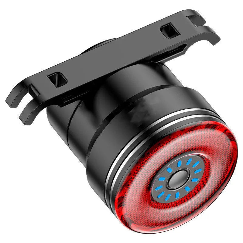 Black aluminium smart brake sensing USB rechargeable bicycle taillight with COB LED.
