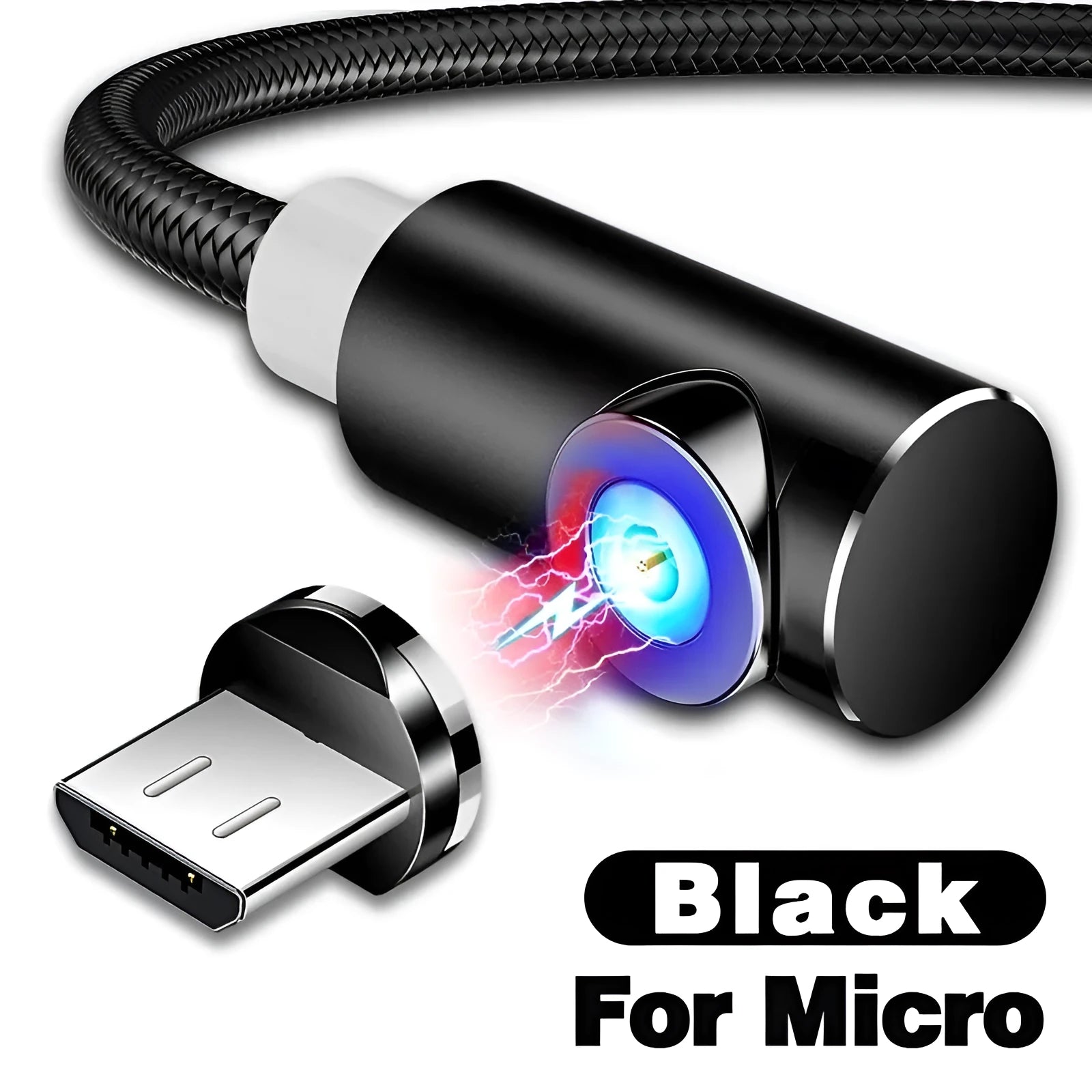 Black magnetic charging cable with aluminium connectors for Micro USB, Type C, and Apple devices.