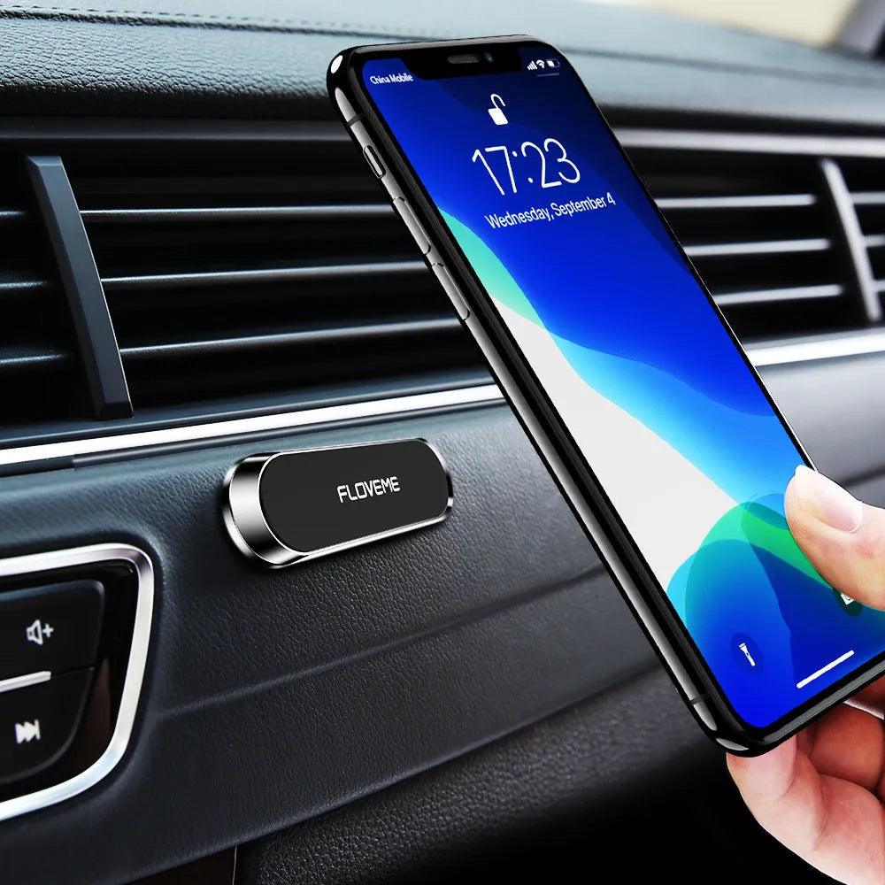 Black magnetic car phone holder with square silver iron sheet and adhesive foam mount