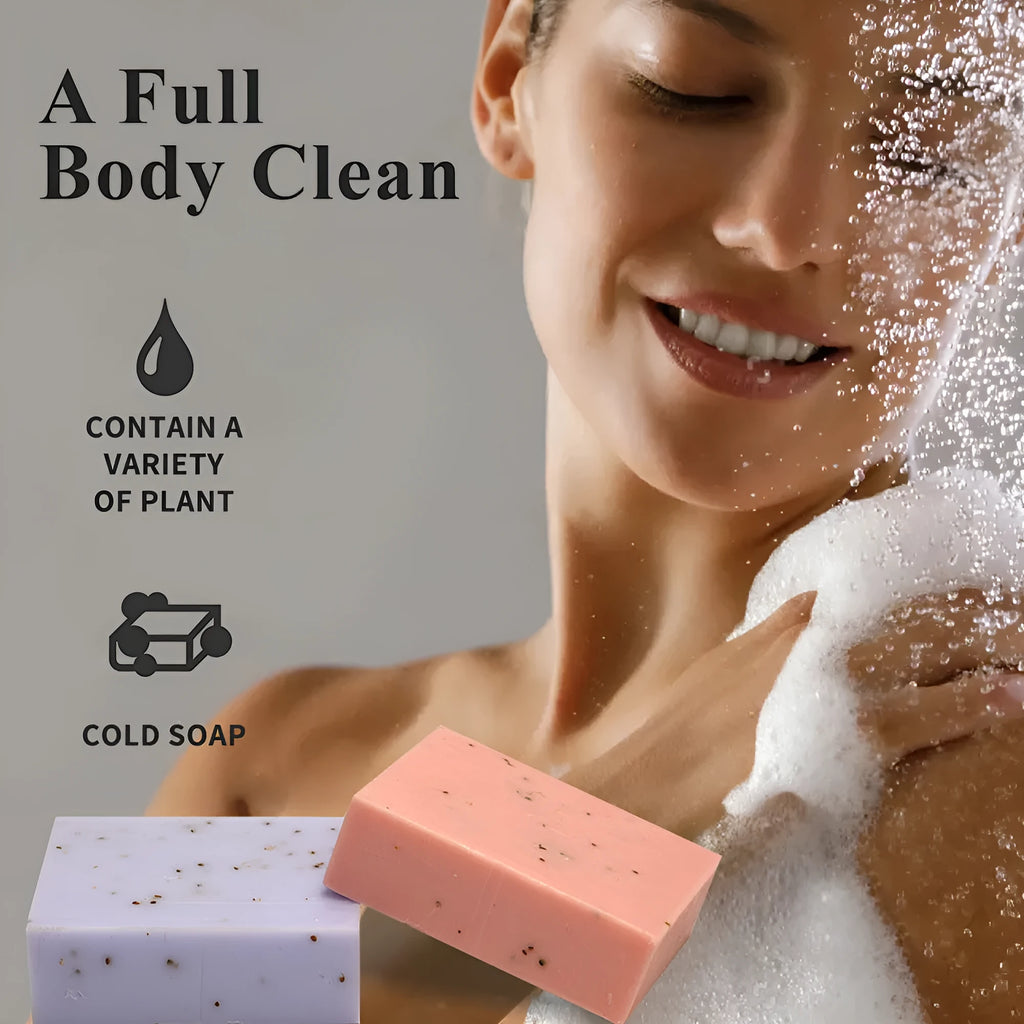 Handmade frosted essential oil soap bar on a bathroom surface, showing its textured finish.
