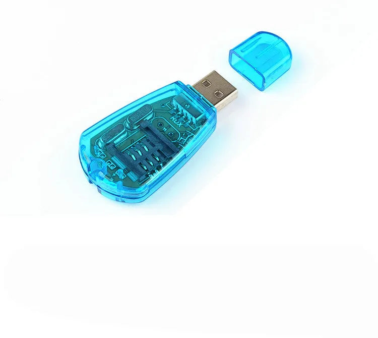 Blue USB SIM card reader for mobile phone data backup and transfer
