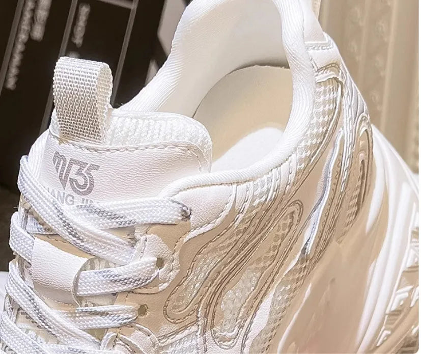 White women's lace-up dad sneakers with round toe and height increasing insoles