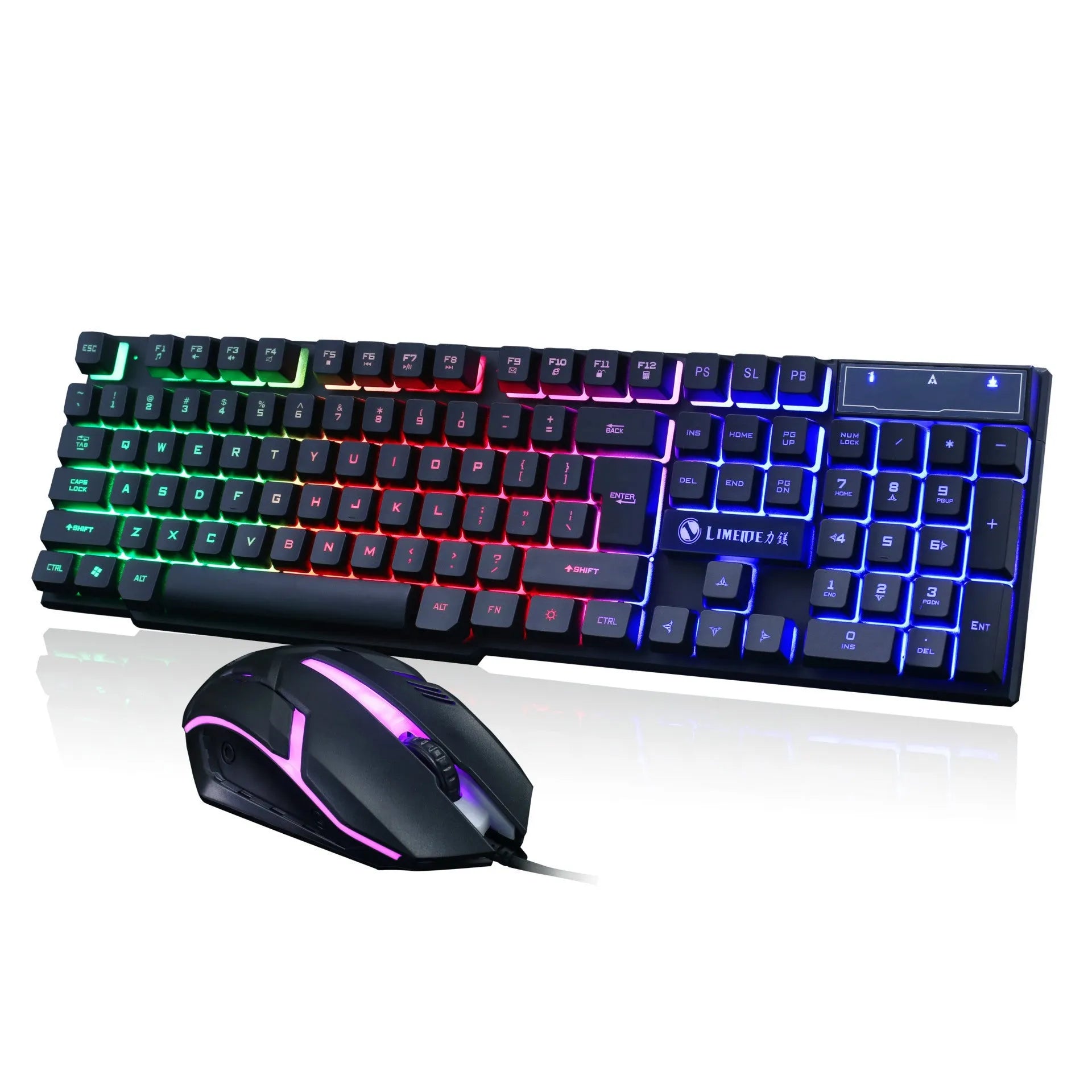 GTX300 wired gaming keyboard and mouse set on a desktop, showing backlit keys.