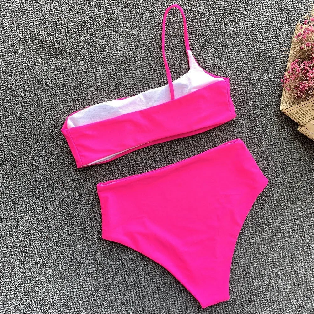 Summer bikini two piece spandex swimsuit in green and rose red for women