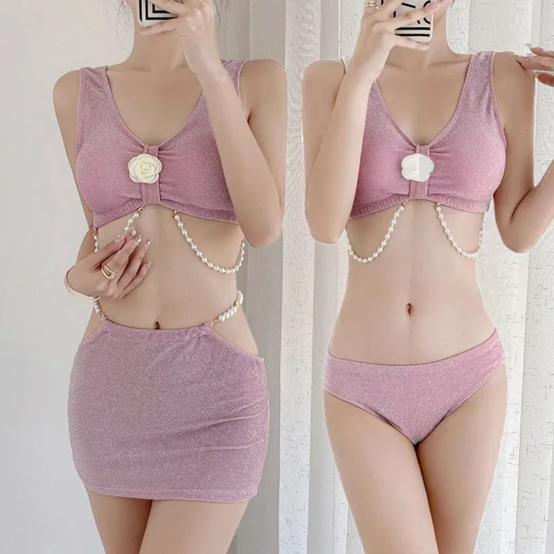 Women's pink three-piece bikini set with backless briefs for swimming and hot spring use