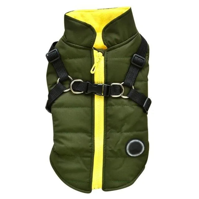 Dog zipper jacket with front zipper and leash harness opening in black