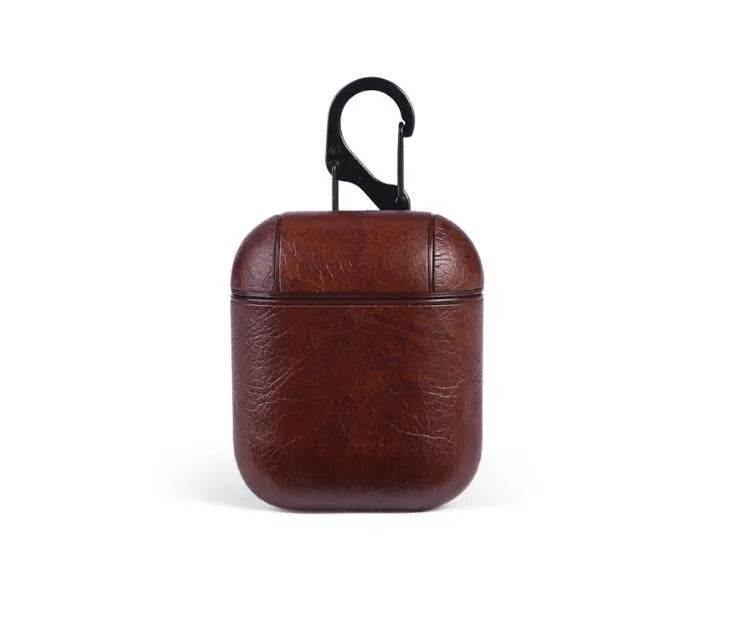 Genuine leather protective case for Apple AirPods in black, brown, light brown, and red.