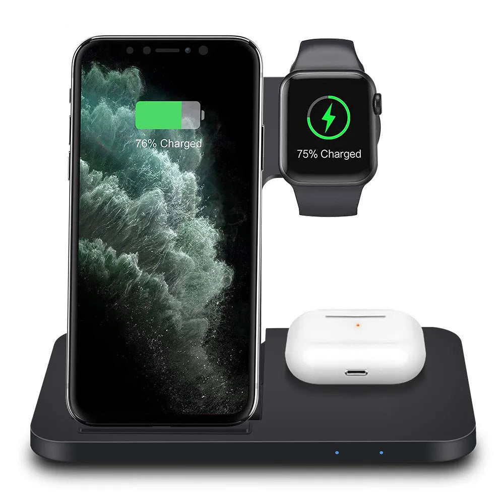 Folding 3-in-1 wireless charger with 15W fast charge indicator light and Type-C cable in black finish