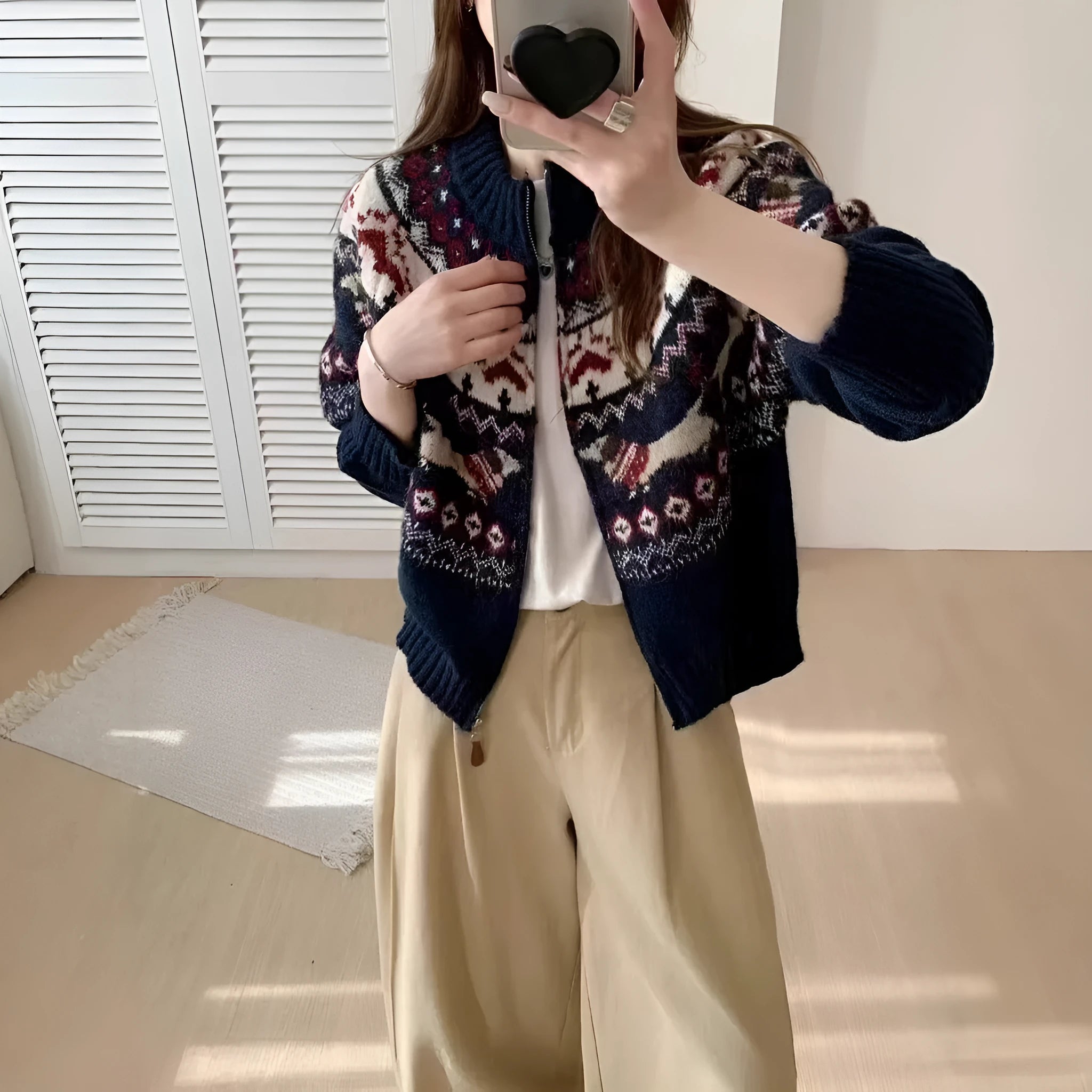 Ethnic style jacquard pullover sweater with 3D pattern in apricot or navy blue colour