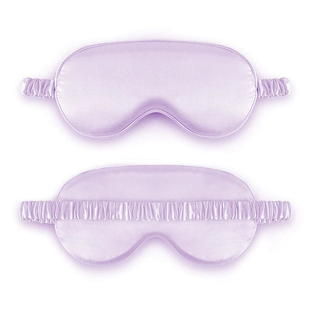 Double-sided rayon elastic satin sleep mask shown in multiple colour options including black, sky blue, and wine red.