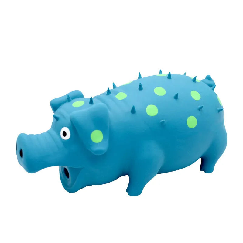 Blue latex pig-shaped dog chew toy with protruding grains and squeaker for aggressive chewers