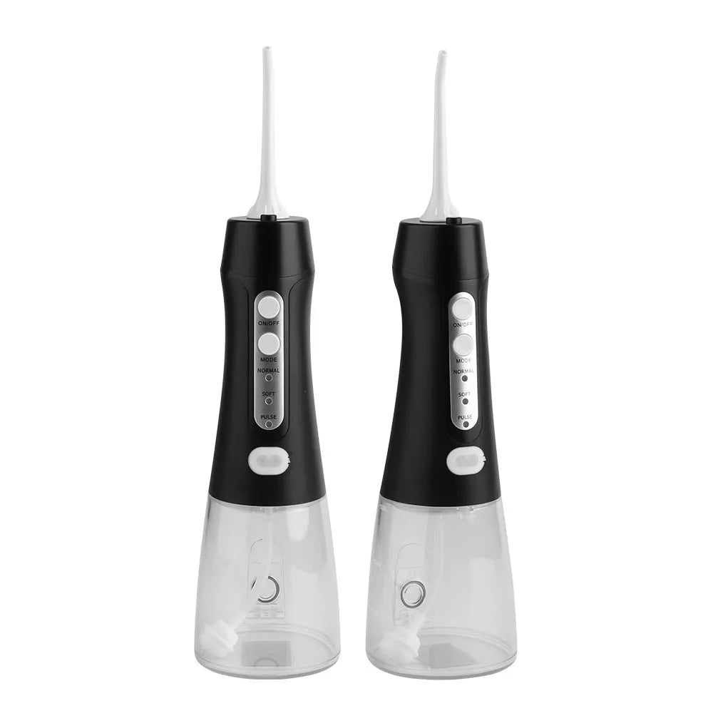 Portable dental flusher with 300ML water tank, three nozzles, and 360° rotating nozzle, IPX8 waterproof.