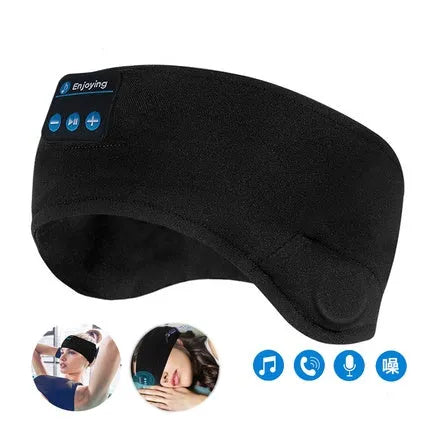 Black Bluetooth sleep eye mask with built-in speakers and soft fabric.