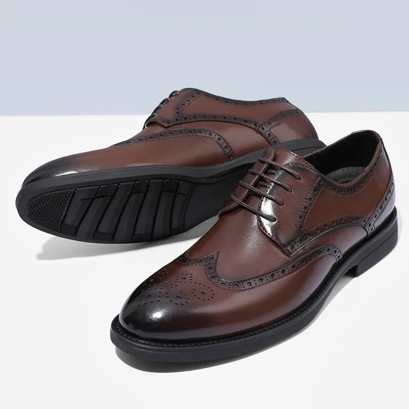 Men's black and brown brogue leather shoes for business with a PU leather upper.
