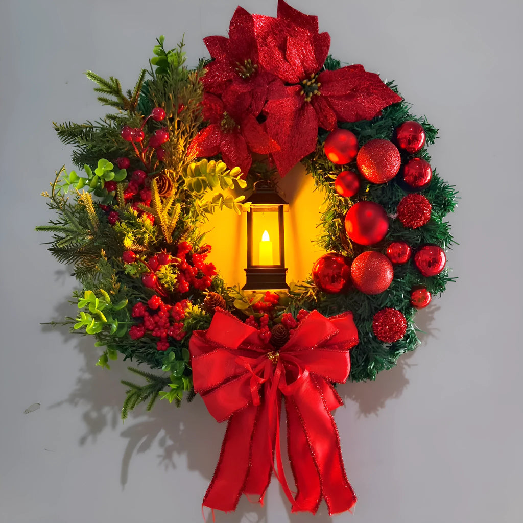 Plastic handmade holiday hanging garland in assorted wreath and light styles for festive door or wall display