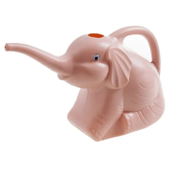 Pink children's watering can shaped like a sitting elephant with a long spout and baby-bottle handle.
