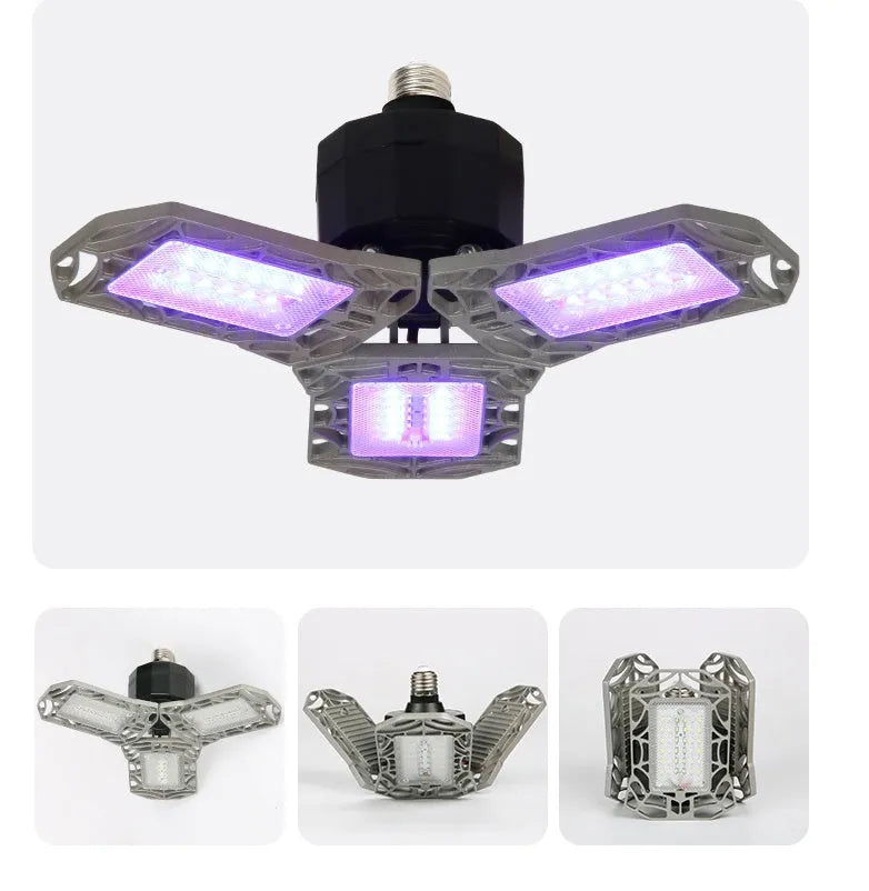 Folding LED garage light with white and purple modes, E27/E26/B22 base, silver grey