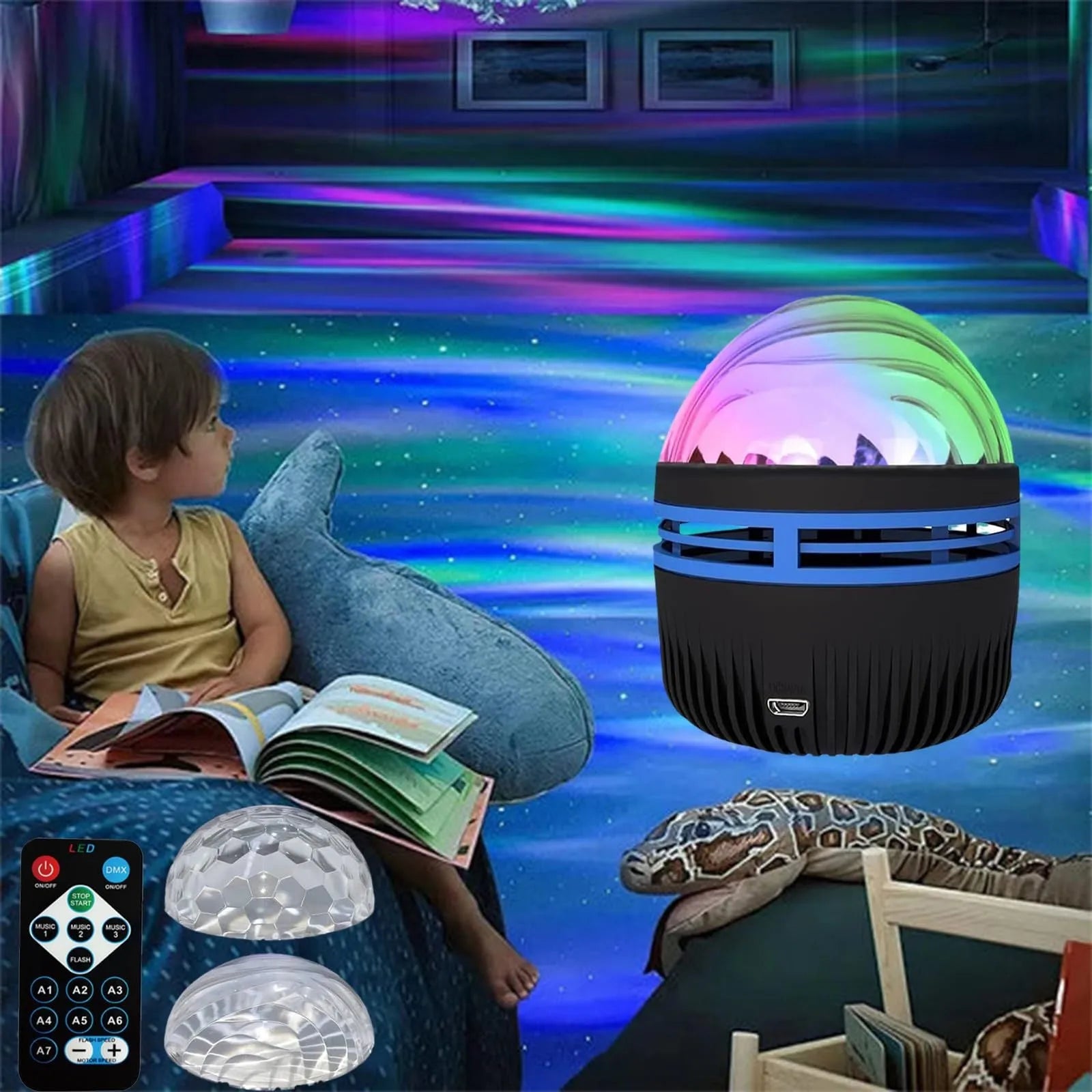 LED galaxy projector lamp with acrylic shade showing colourful rotating star patterns for bedroom or party use