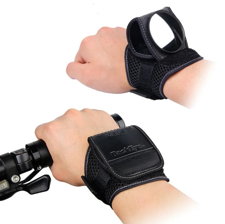 Black wristband bicycle rear view mirror with adjustable arm strap, 5cm convex wide-angle lens and T-shape rubber buckle.
