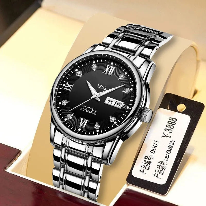 Men's quartz luminous waterproof watch with circular 40mm dial and mineral glass, shown in a dark colour