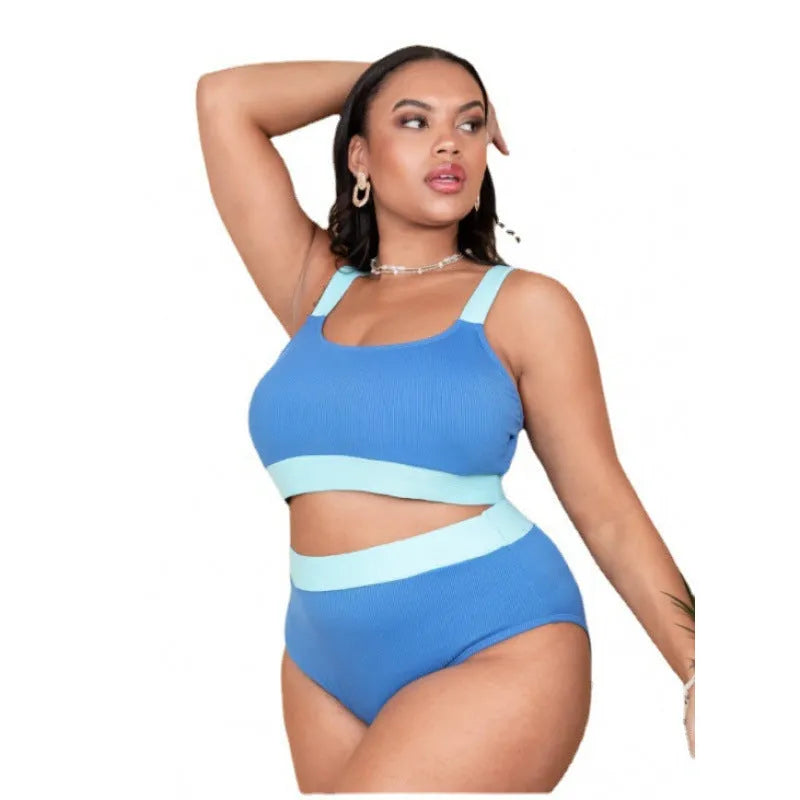 Women's solid colour high-waisted bikini set with split briefs on a mannequin.