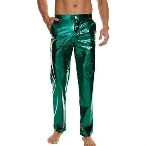 Shiny wet-look disco pants, straight leg capri style, in silver with high elastic waistband