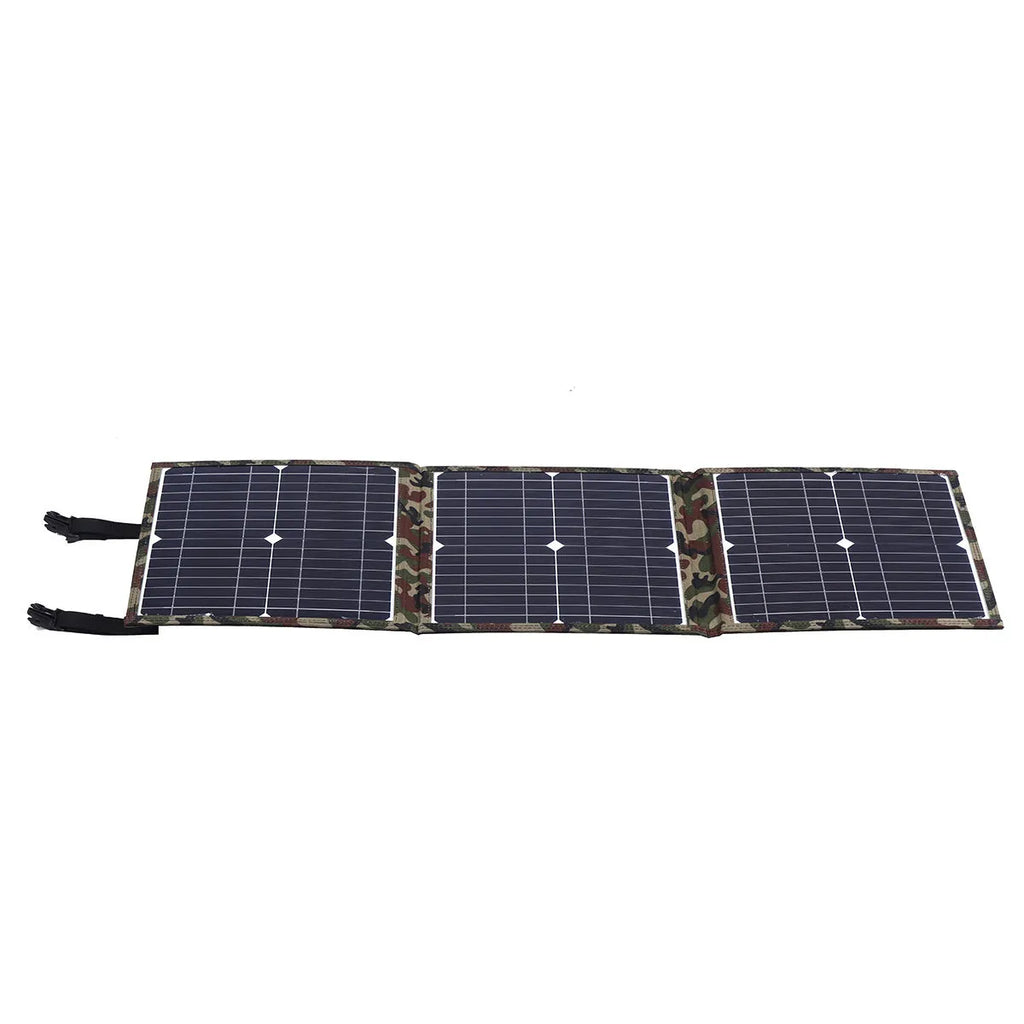 Black foldable 36W solar panel measuring 87cm x 28.5cm with charging accessories