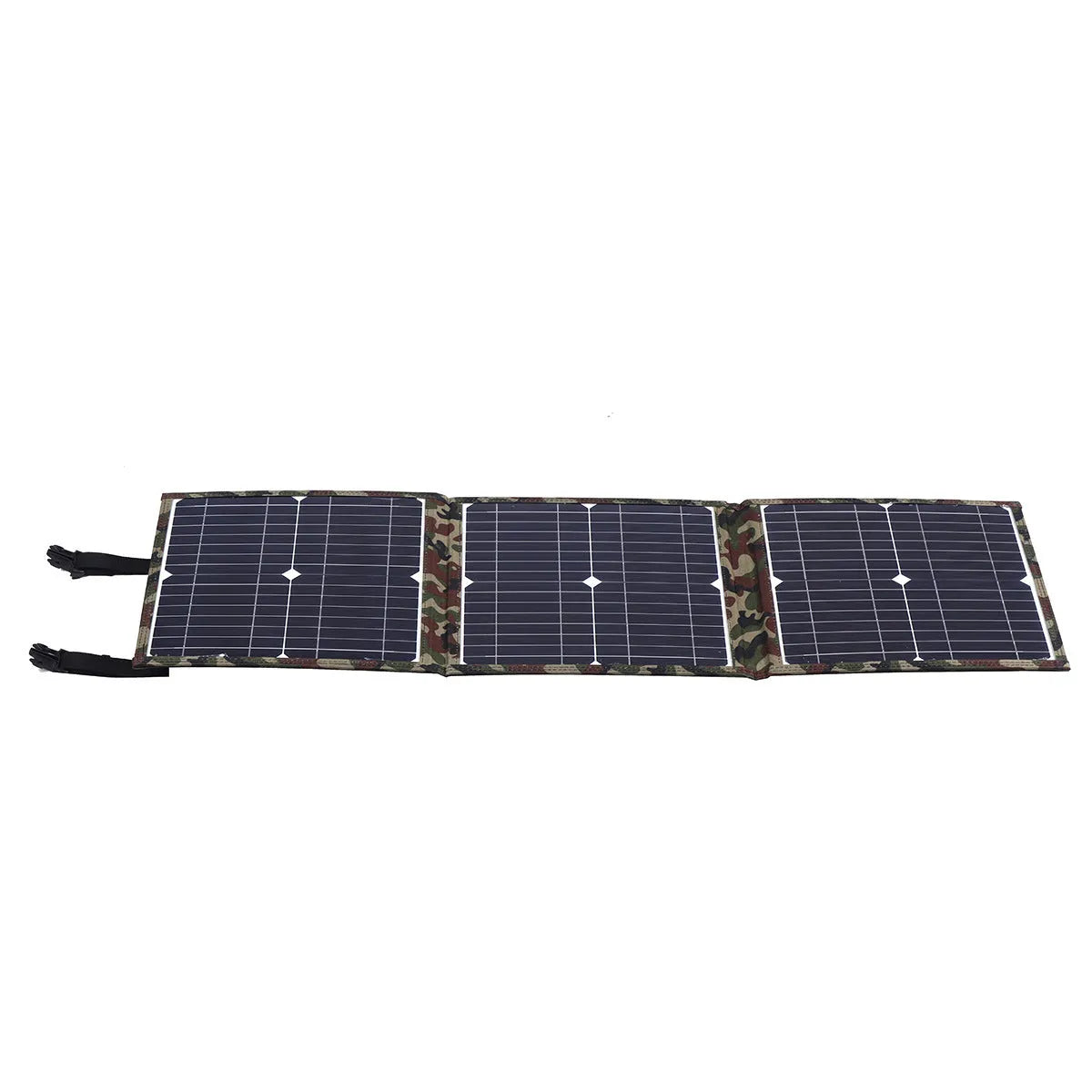 Black foldable 36W solar panel measuring 87cm x 28.5cm with charging accessories