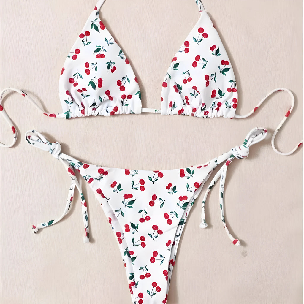 Holiday split halter bikini set in solid colour with nylon lining and backless briefs, size S-XL