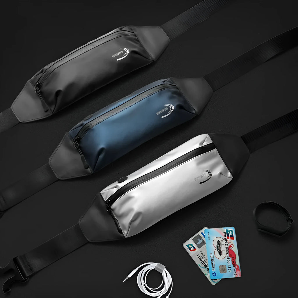 Men's blue waterproof sports waist bag made from Derm Oxford polyester.
