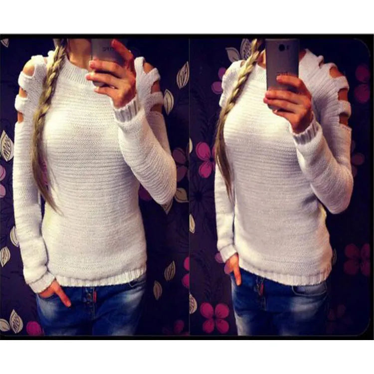 Grey women's knitted shirt with round neck and crocheted hollow-out detail on long sleeves