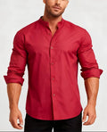 Men's red stand-up collar casual shirt with Chinese-style design, long sleeves, available in sizes S to XXXL