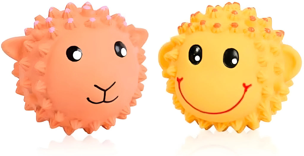 Orange and yellow spiky latex animal dog toys with squeakers for dental care and fetch play.