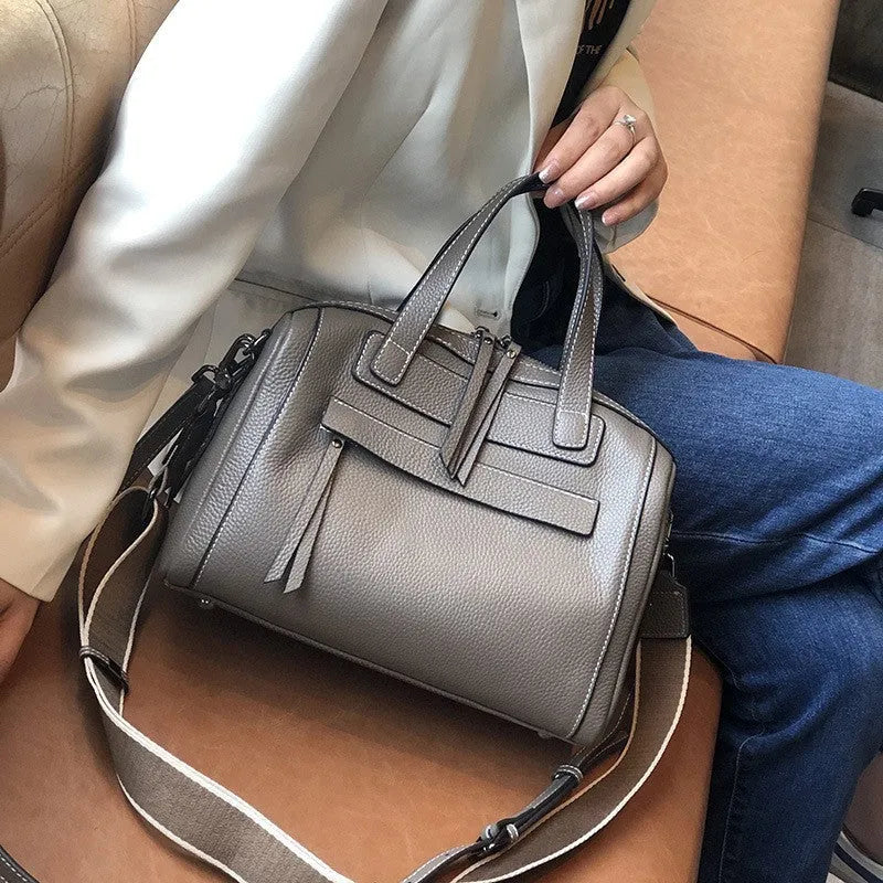 Genuine leather Boston lychee pattern shoulder messenger bag in horizontal square shape with soft handle