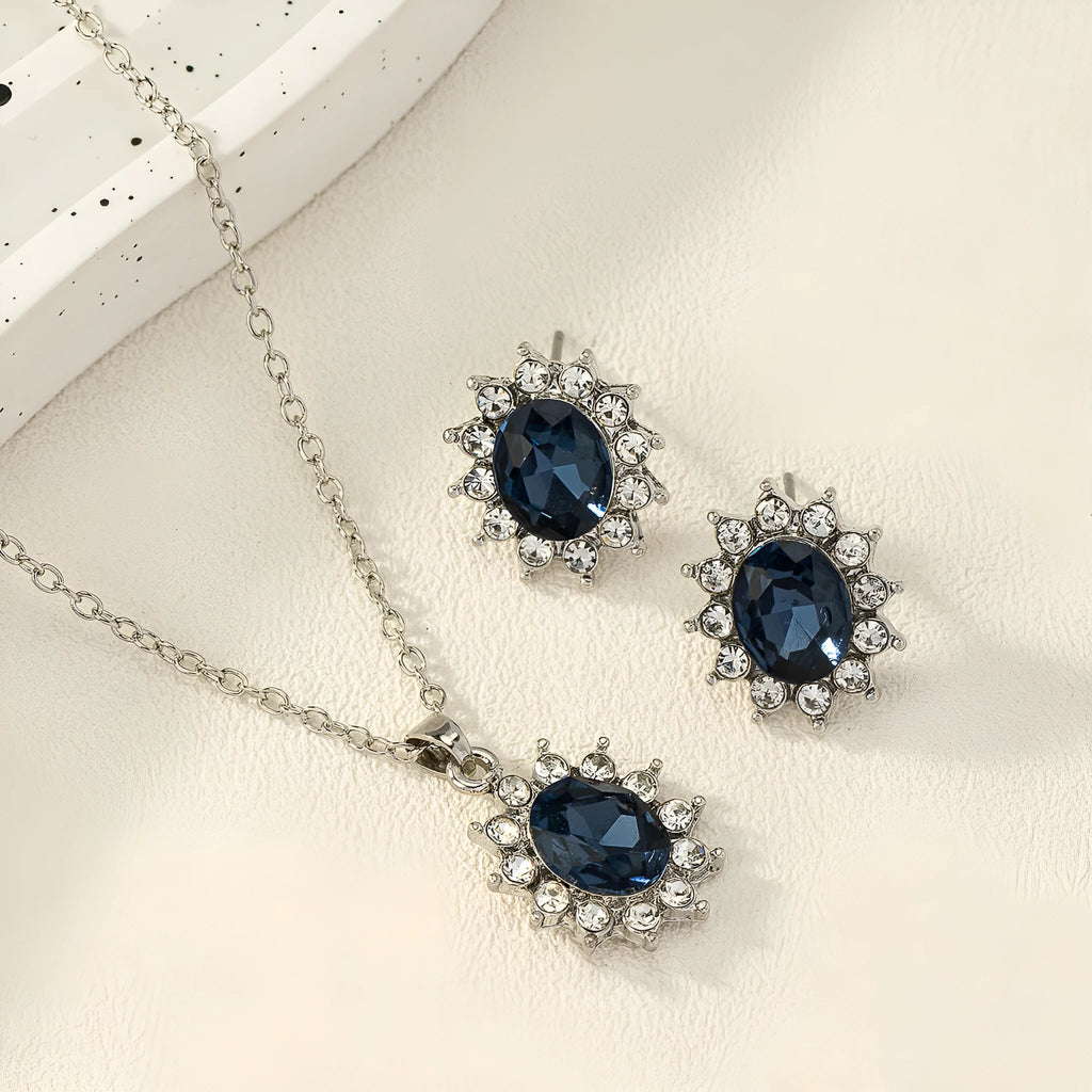 Women's sunflower zircon alloy necklace and earring set in multiple colour options on a regular chain.