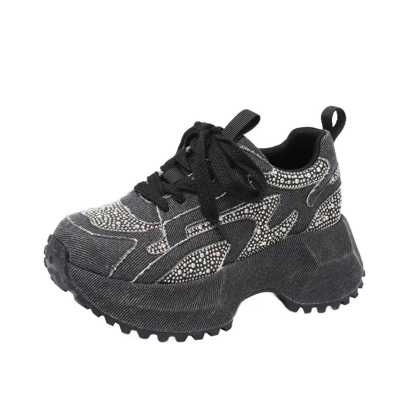 Blue white gradient denim high top platform sneakers for women with rhinestones, side view