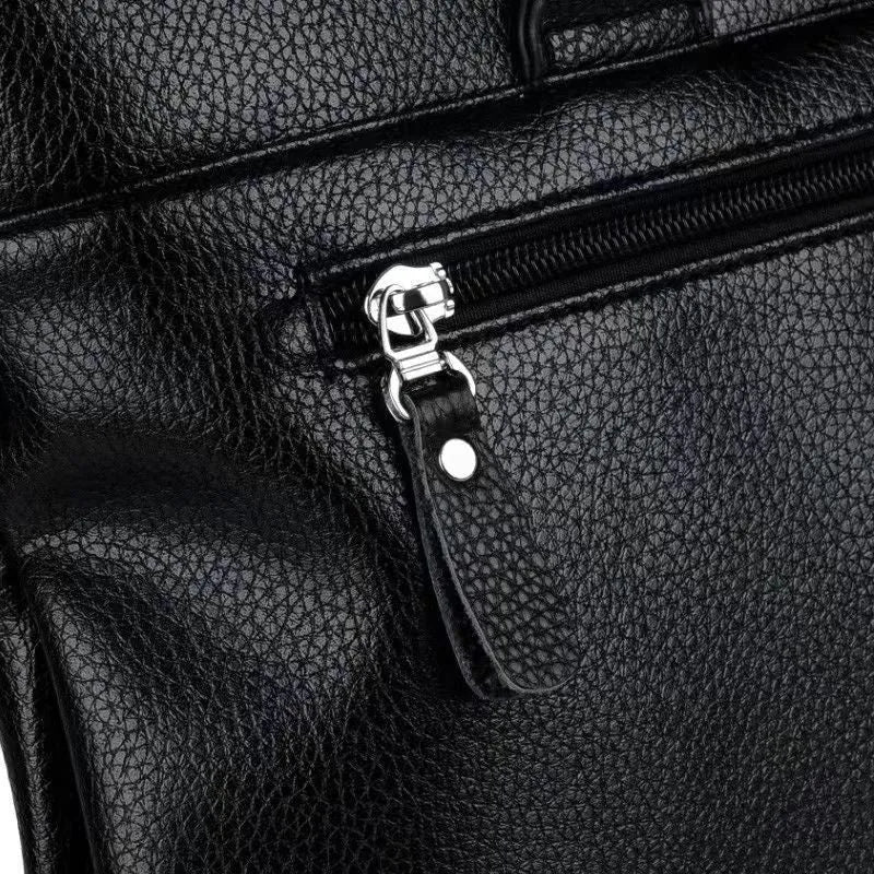 Men's black and brown PU leather shoulder messenger bag with splicing design showing 35x30cm dimensions