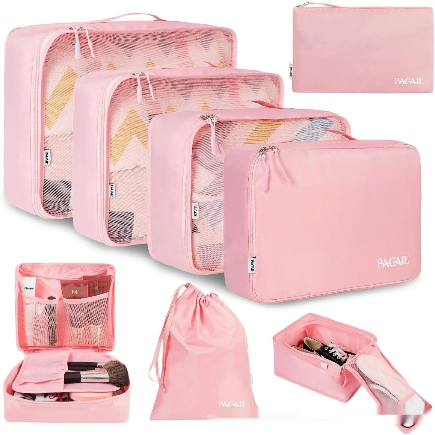 Set of eight cubic packing cubes for travel organisation in various colours including beige, black, and pink leopard print.