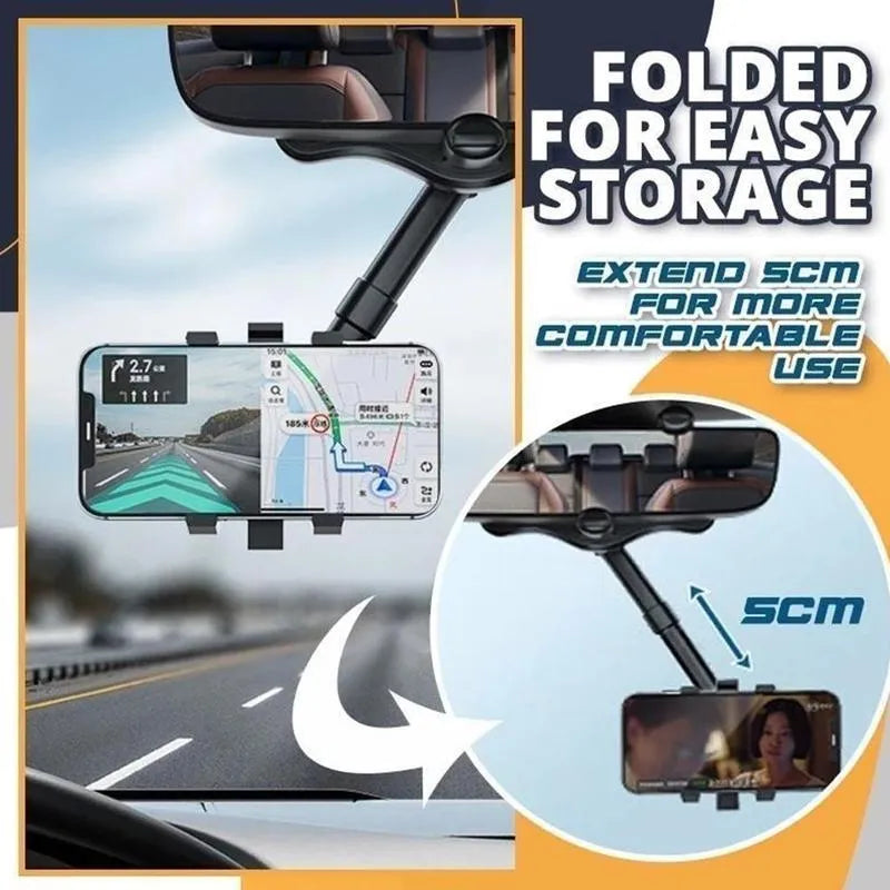 Black rearview mirror car phone holder with telescopic arm and 360° rotating joint on a car mirror.