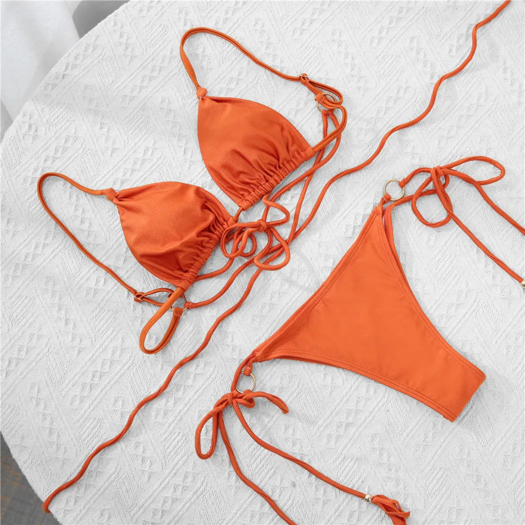 Ladies nylon shiny fabric strap bikini with chest pad, no steel support, brown or pearl powder, sizes S to L