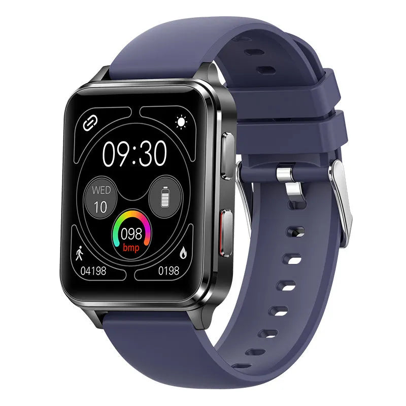 Multi-sport smartwatch with a blue silicone strap showing a heart rate reading on its 1.70-inch screen.